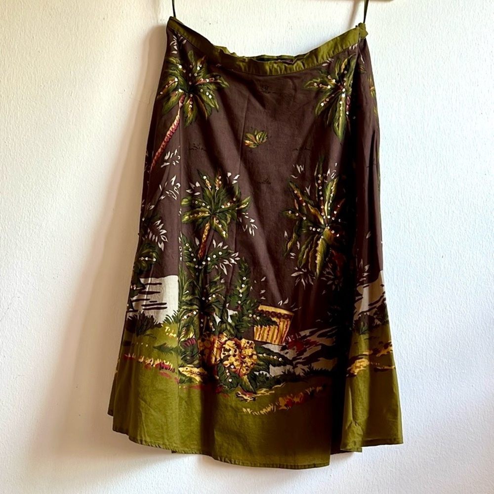 Willi Smith Brown and Green A-Line Midi Skirt Casual Resort Wear